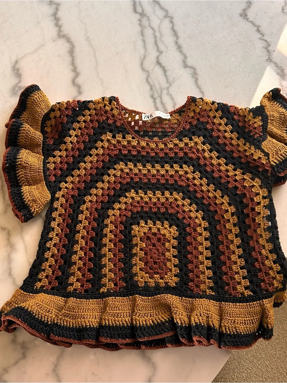 Zara Crochet Boxy knit top in Black, Mustard & Brown